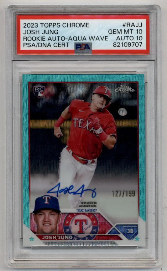 PSA-graded 2023 Topps Chrome Rookie Auto Aqua Wave baseball card featuring Josh Jung