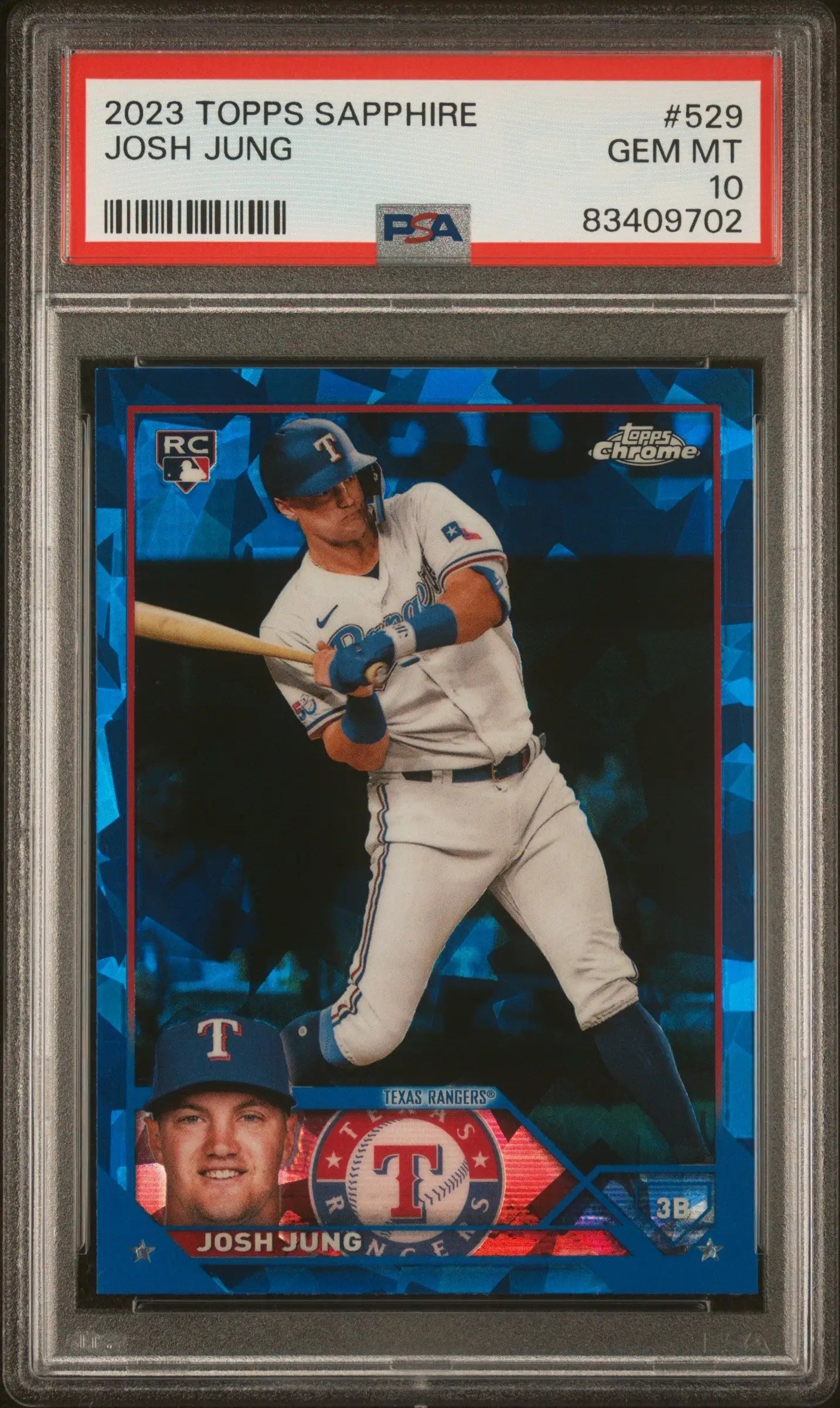 Graded Josh Jung baseball card from Topps Chrome Sapphire, Columbia Hobby product
