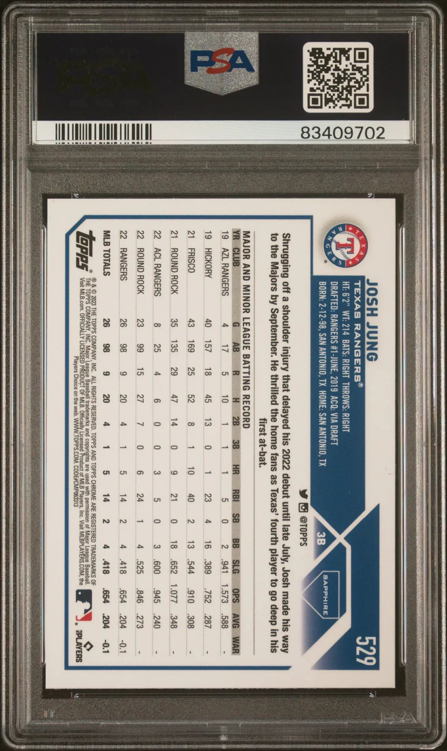 Graded Josh Jung Topps Chrome Sapphire baseball card in PSA 10 GEM MINT from Columbia Hobby