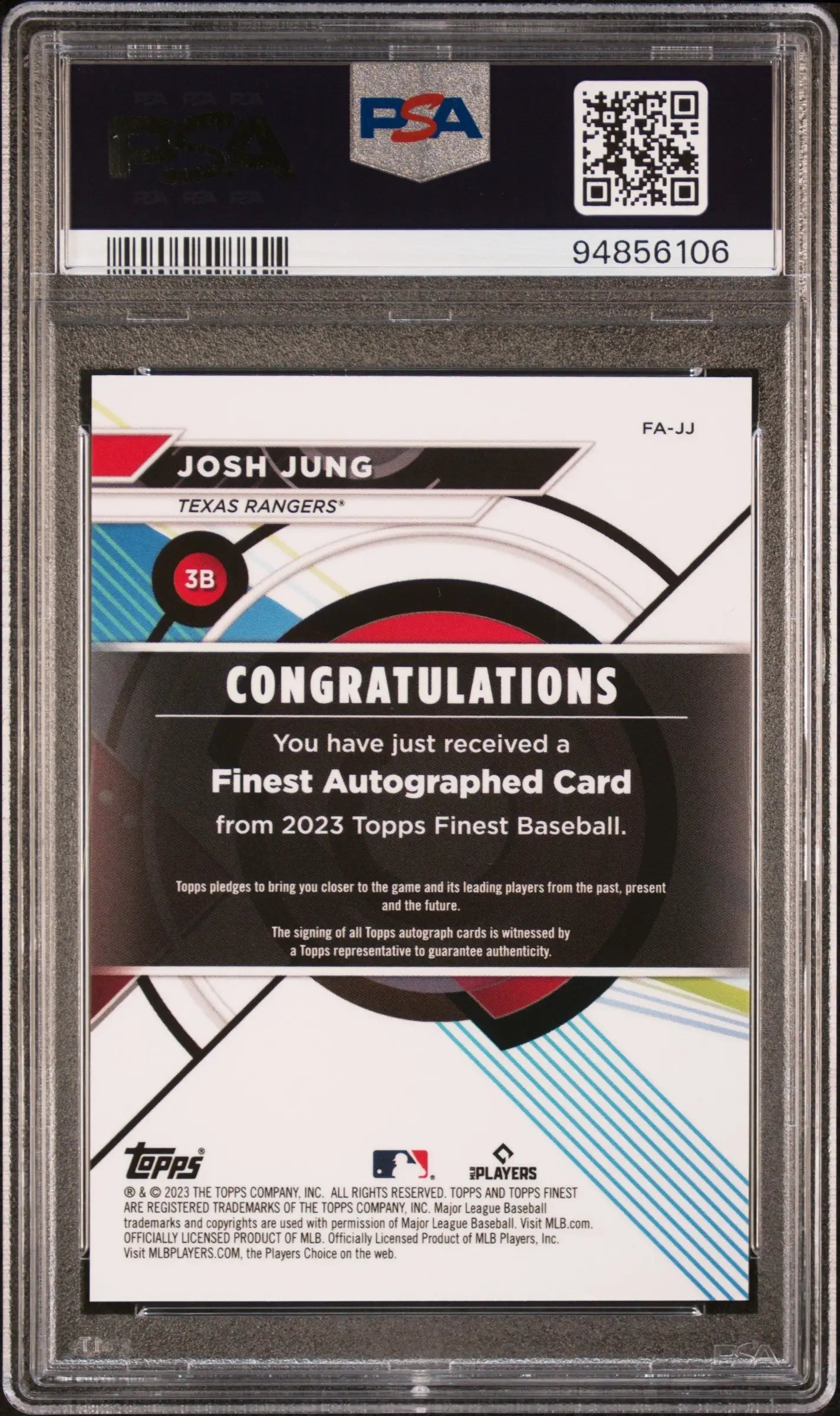 Back side of PSA-graded Josh Jung Topps Finest Rookie Auto with congratulatory text
