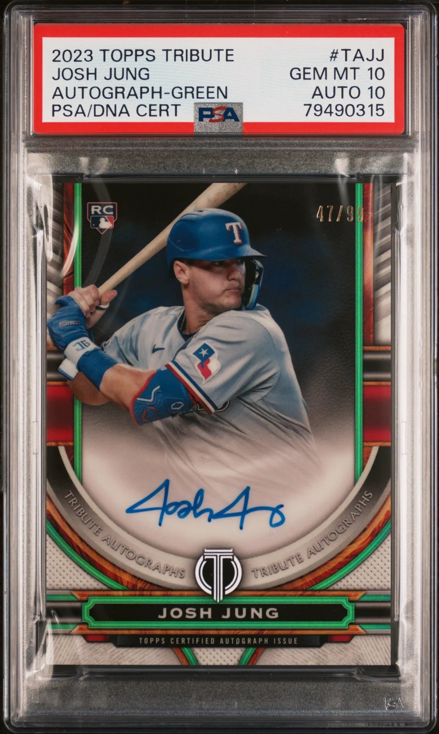 PSA-graded Josh Jung 2023 Topps Tribute Green Autograph #47/99 in blue uniform