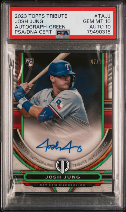 PSA-graded Josh Jung 2023 Topps Tribute Green Autograph #47/99 in blue uniform