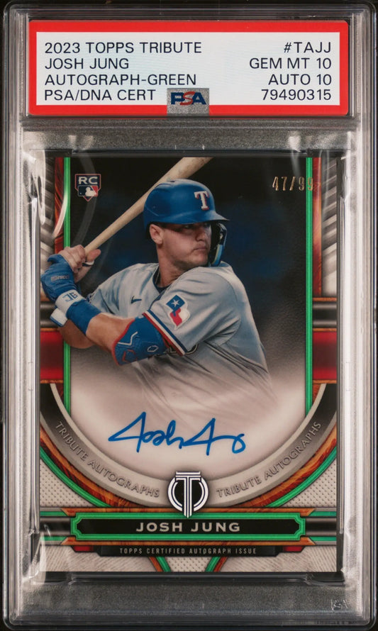 PSA-graded Josh Jung 2023 Topps Tribute Green Autograph #47/99 in blue uniform