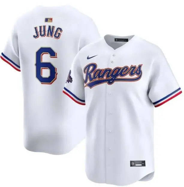 White Texas Rangers baseball jersey from the Josh Jung Nike 2024 Gold Collection