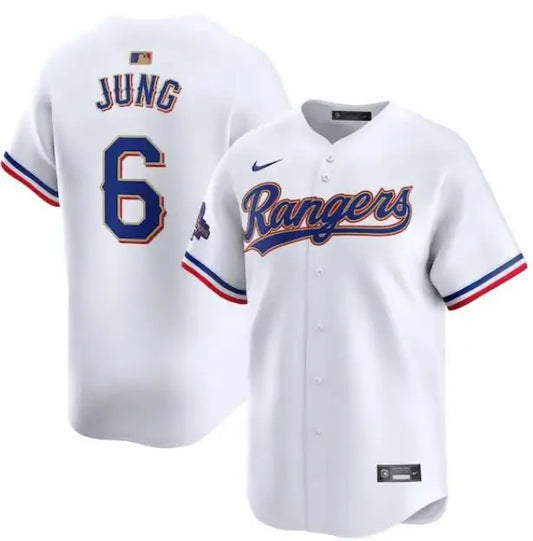 White Texas Rangers baseball jersey from the Josh Jung Nike 2024 Gold Collection