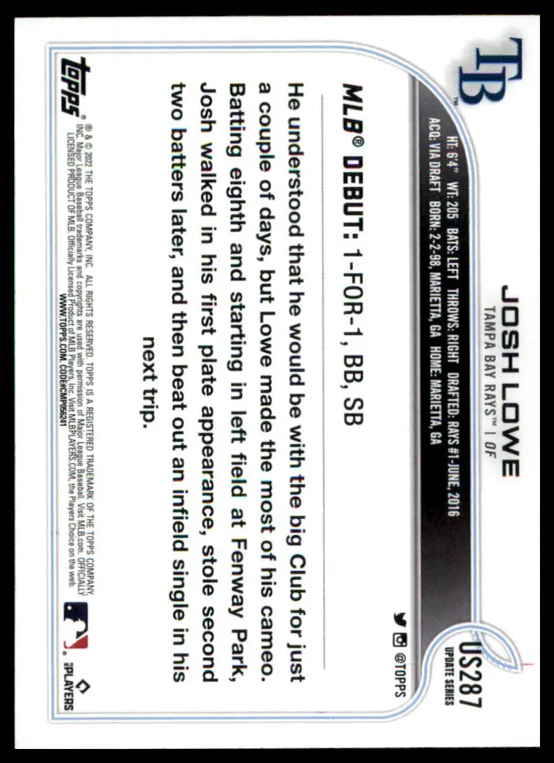 Baseball card back of Josh Lowe 2022 Topps Update Tampa Bay Rays collectible