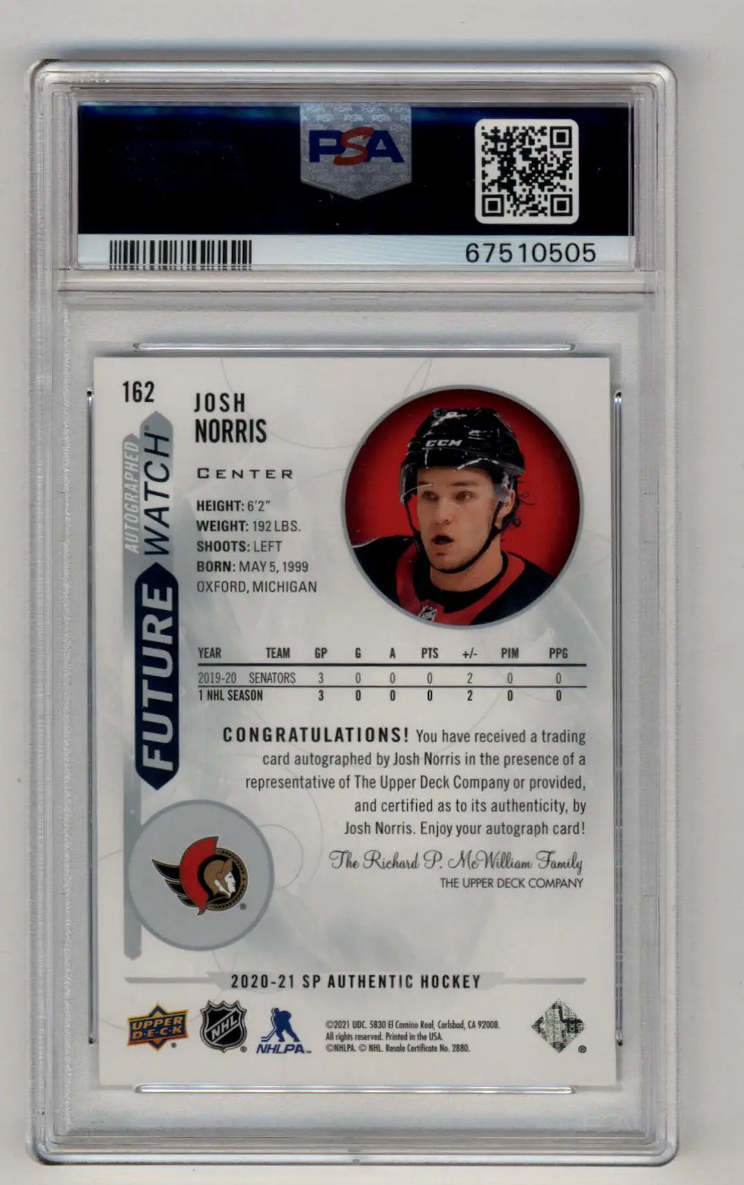 Josh Norris 2020-21 SP Authentic Auto #162 828/999 PSA 10 Gem Mint Auto 10 - Singles