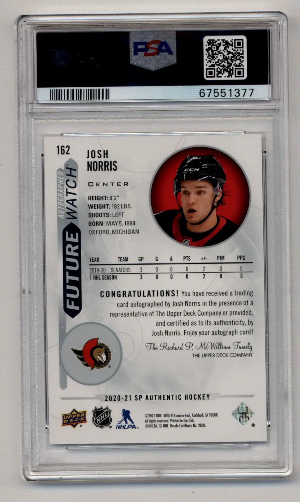 Josh Norris 2020-21 SP Authentic Rookie Auto #162 522/999 PSA 9 10 Auto - Singles