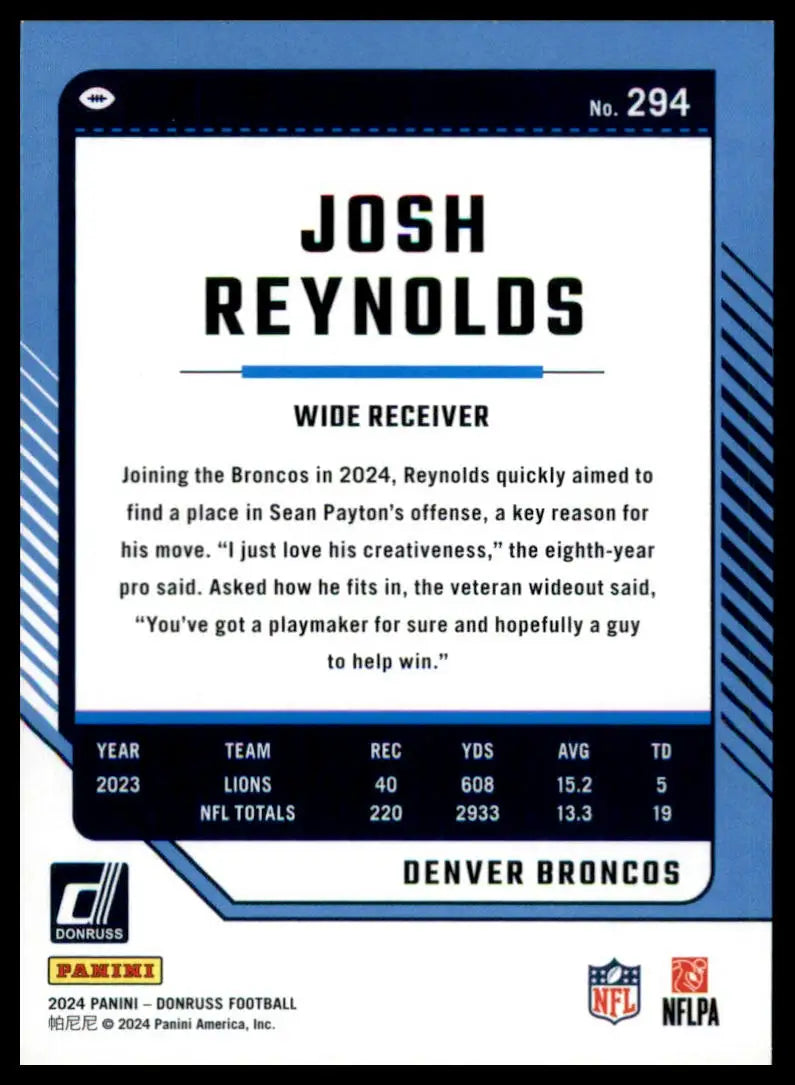 Josh Reynolds football card from 2024 Donruss series featuring Denver Broncos player