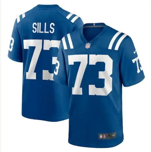 Two blue Indianapolis Colts Nike team game jerseys with white numbers and lettering