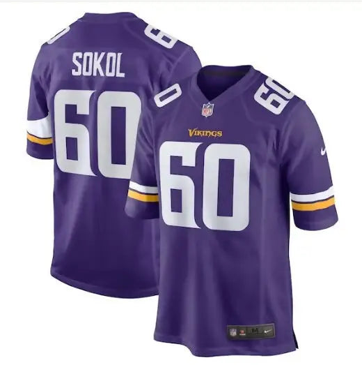 Purple Minnesota Vikings Josh Sokol Nike home game jersey with number 60 and white gold accents