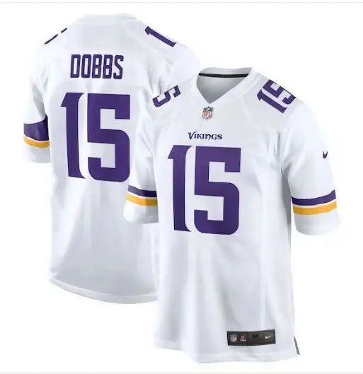 White Minnesota Vikings Joshua Dobbs Nike Game Jersey with purple accents and number 15