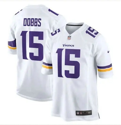 White Minnesota Vikings Joshua Dobbs Nike Game Jersey with purple accents and number 15