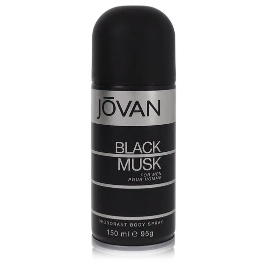 Black Jovan Black Musk deodorant spray for men in a 5 oz bottle