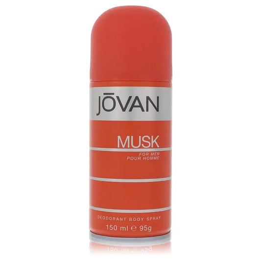 Orange and silver cylindrical Jovan Musk deodorant spray with rounded top 5 oz