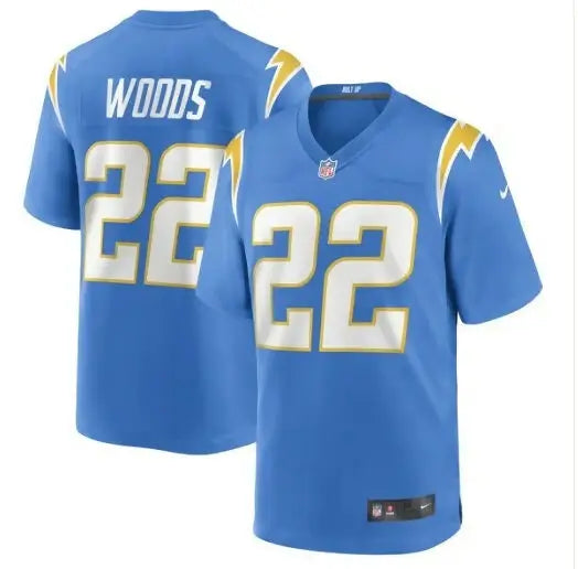 Blue Los Angeles Chargers JT Woods football jersey with number 22 and WOODS on back