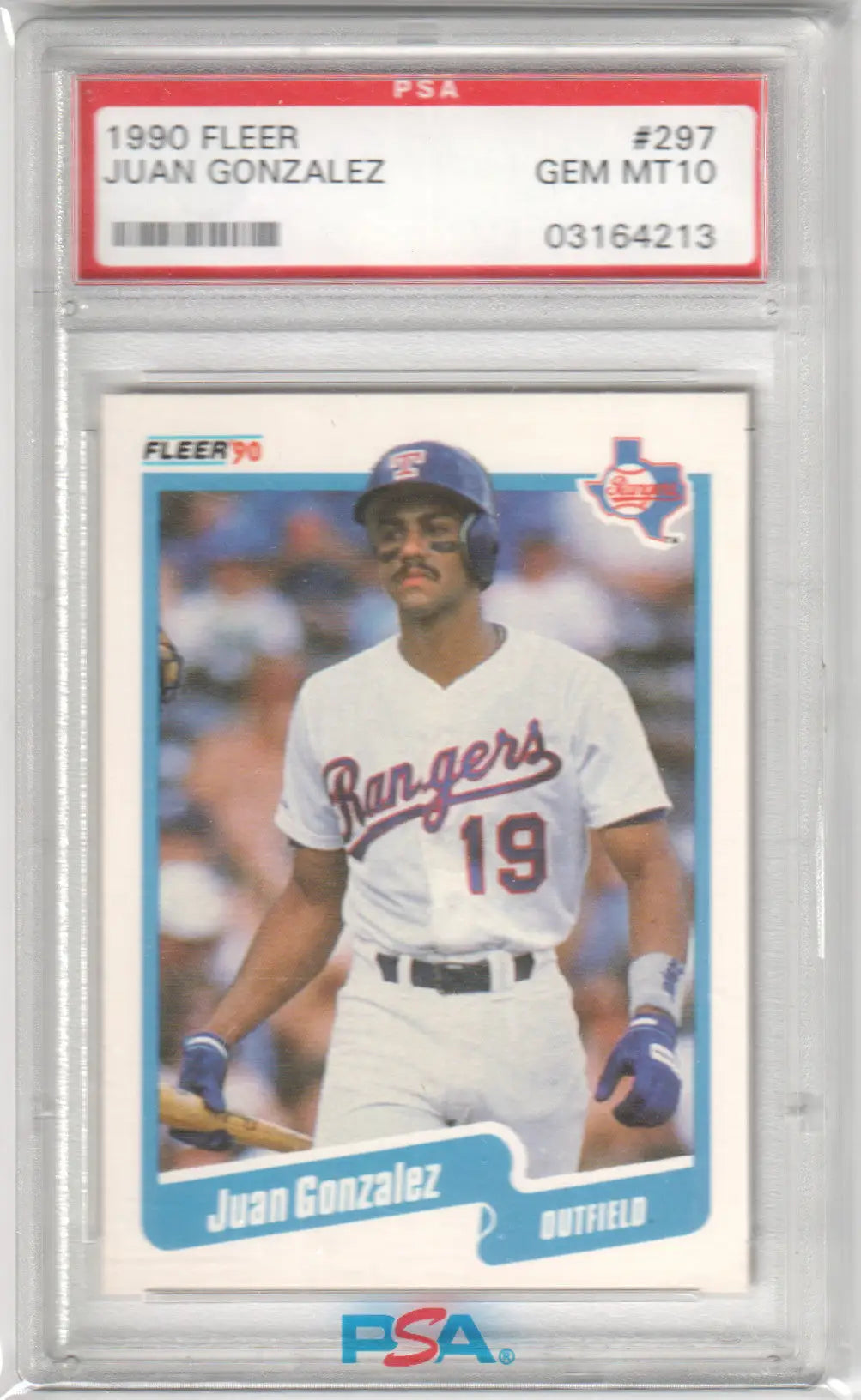 Graded Juan Gonzalez baseball card from 1990 Fleer #297 PSA 10 GEM MINT for Columbia Hobby