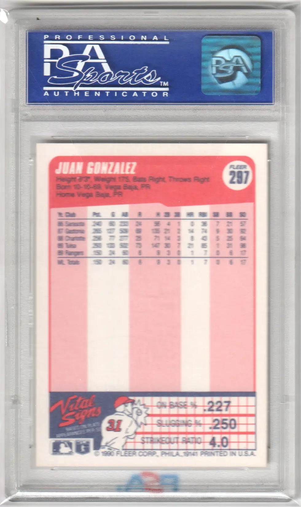 Graded Juan Gonzalez 1990 Fleer baseball card Gem Mint PSA 10 from Columbia Hobby