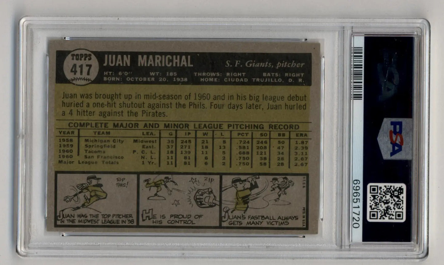 Graded vintage Juan Marichal Topps Rookie baseball card PSA 7 Near Mint