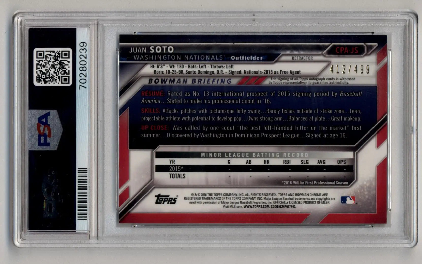 Juan Soto 2016 Bowman Chrome Refractor Auto in protective case with QR code