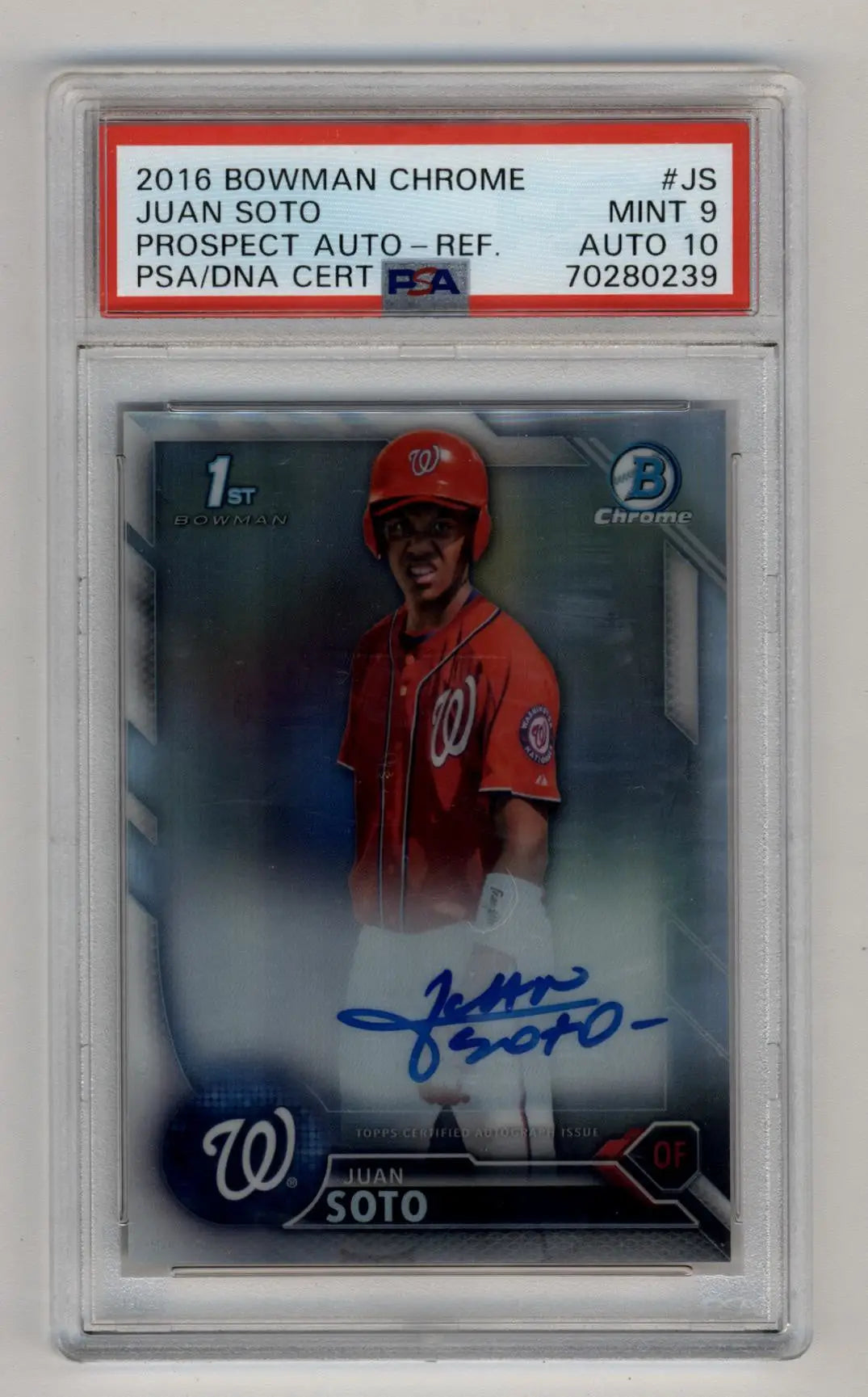 PSA-graded Juan Soto 2016 Bowman Chrome Refractor Auto in protective case