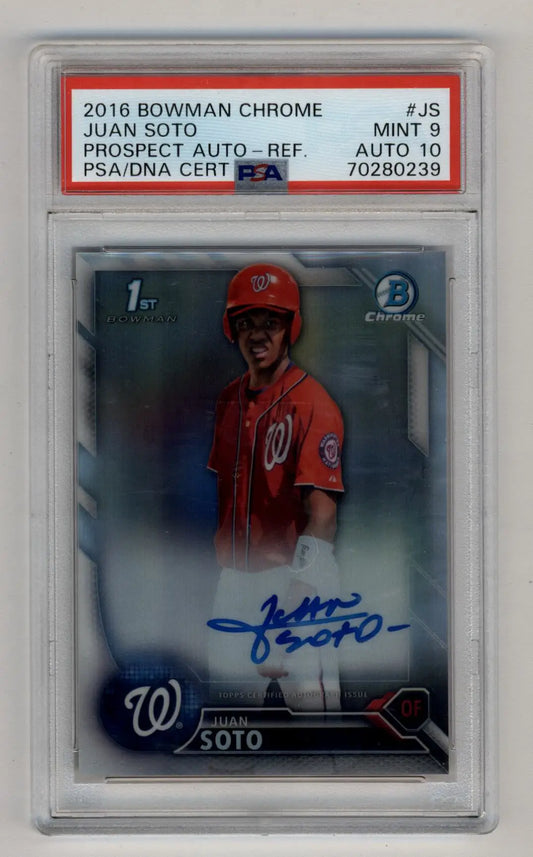 PSA-graded Juan Soto 2016 Bowman Chrome Refractor Auto in protective case