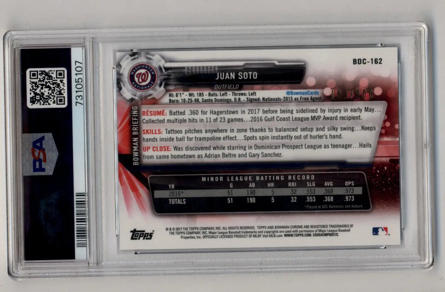 Graded Juan Soto Bowman Draft Chrome trading card 70th Refractor PSA 10 Gem Mint