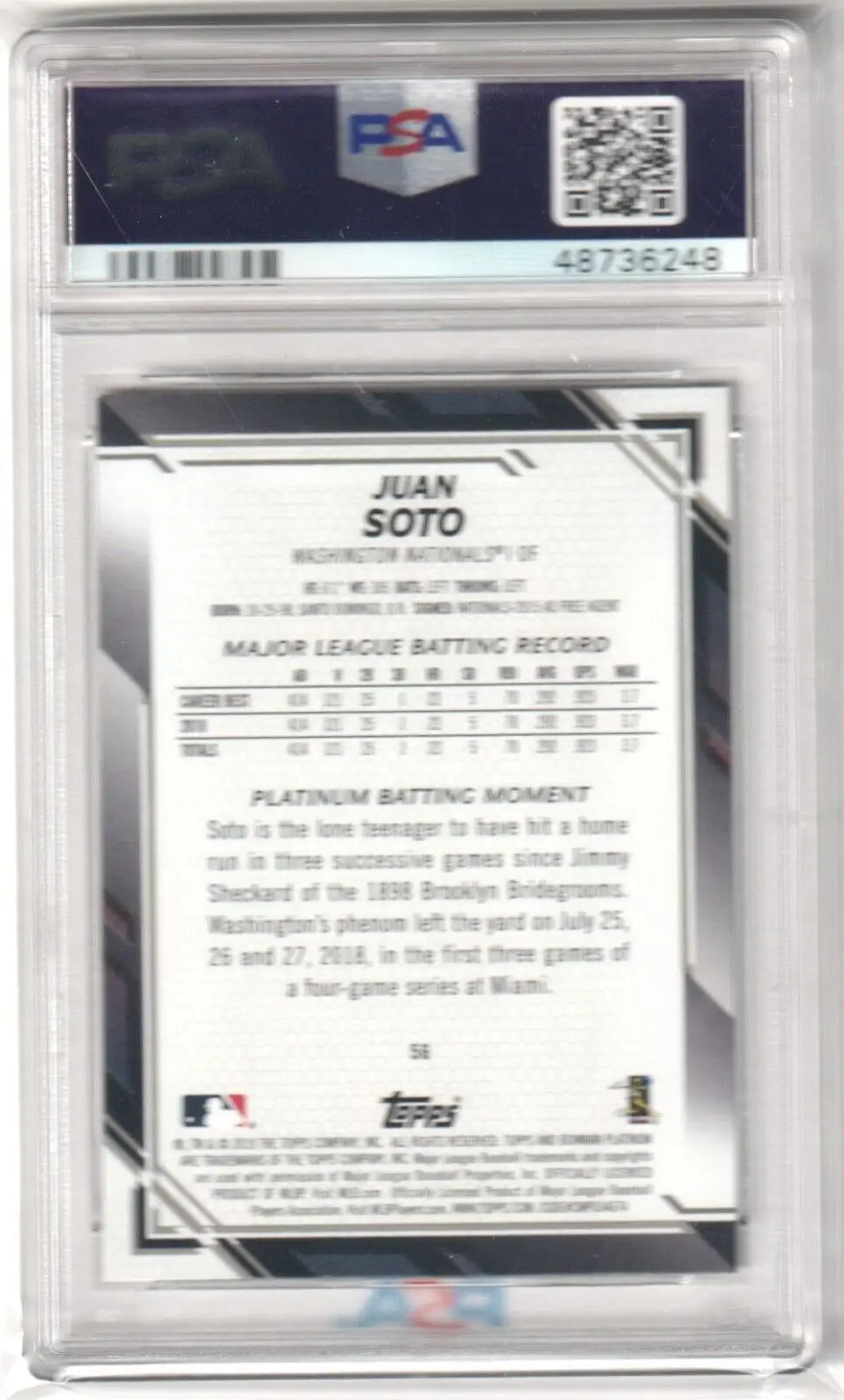 PSA graded Juan Soto baseball card from 2019 Bowman Platinum featuring Nationals Yankees
