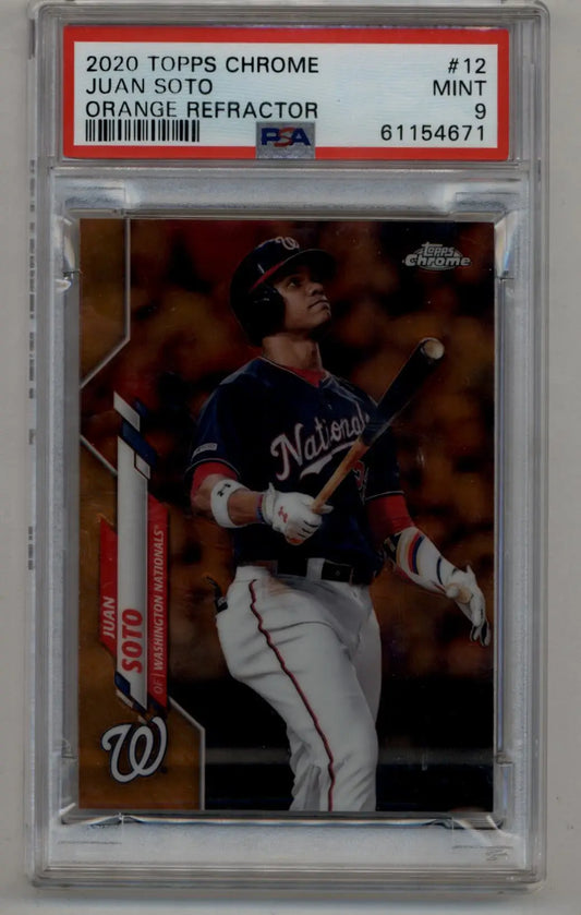 PSA graded Juan Soto 2020 Topps Chrome Orange Refractor baseball card in case