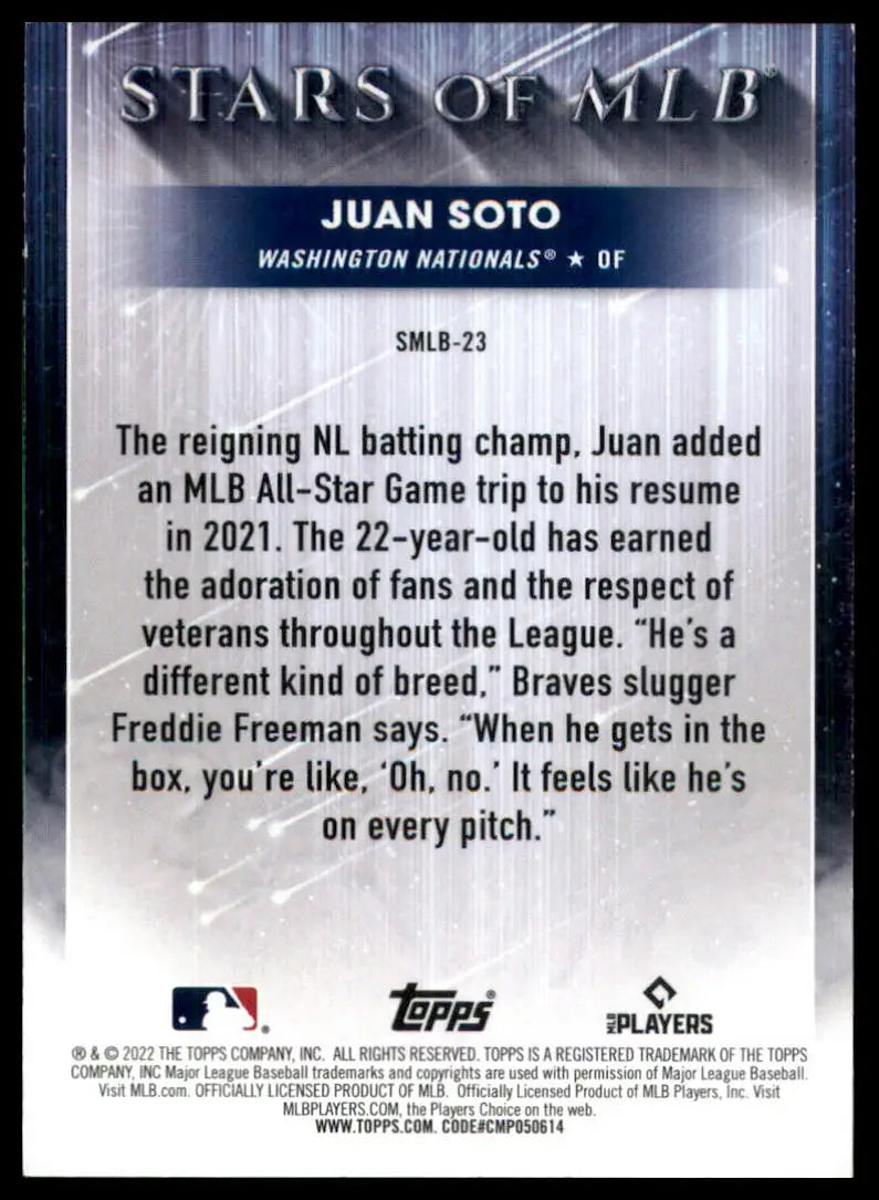 Juán Soto baseball card back from 2022 Topps Stars of MLB Washington Nationals
