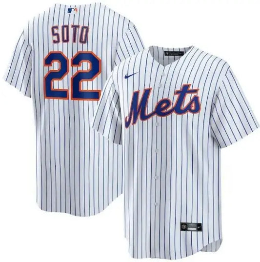 White pinstripe baseball jersey from Juan Soto New York Mets Nike Home Replica collection