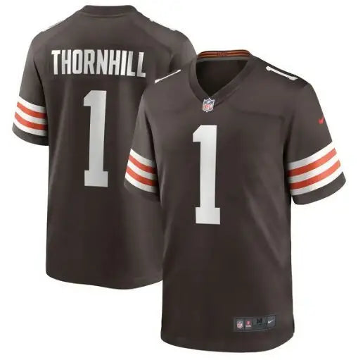 Brown Cleveland Browns Nike Game Player Jersey with white and orange stripes and number 1