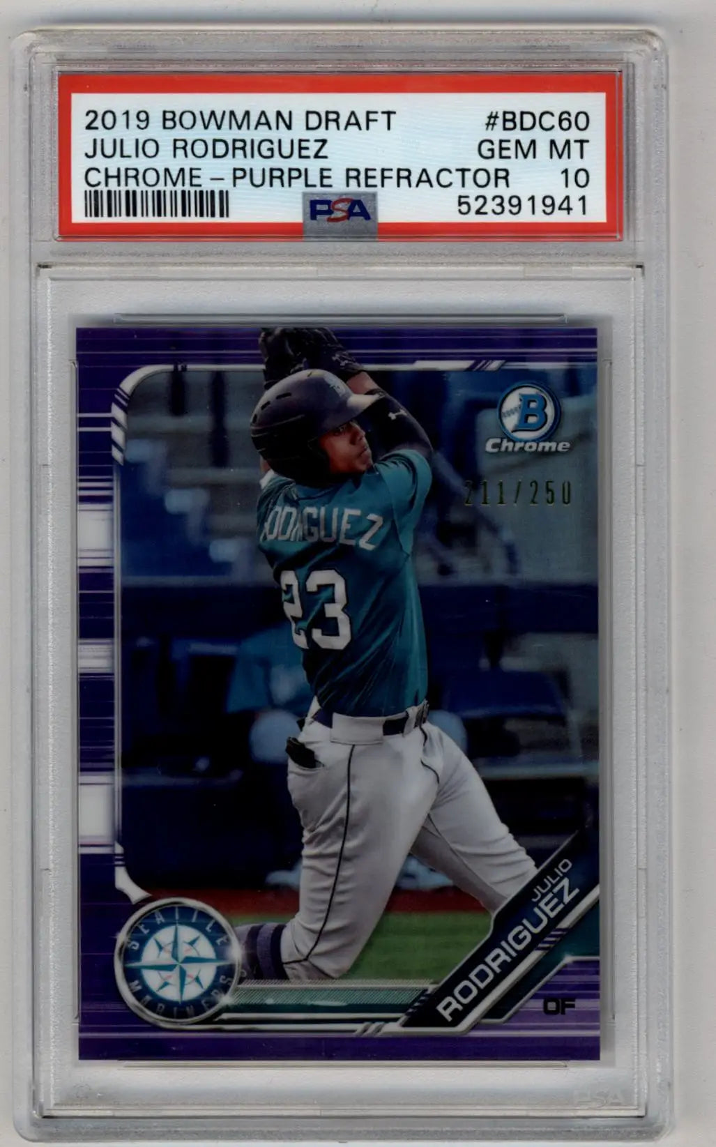 Graded 2019 Bowman Chrome Draft Purple Refractor Julio Rodriguez baseball card PSA 10