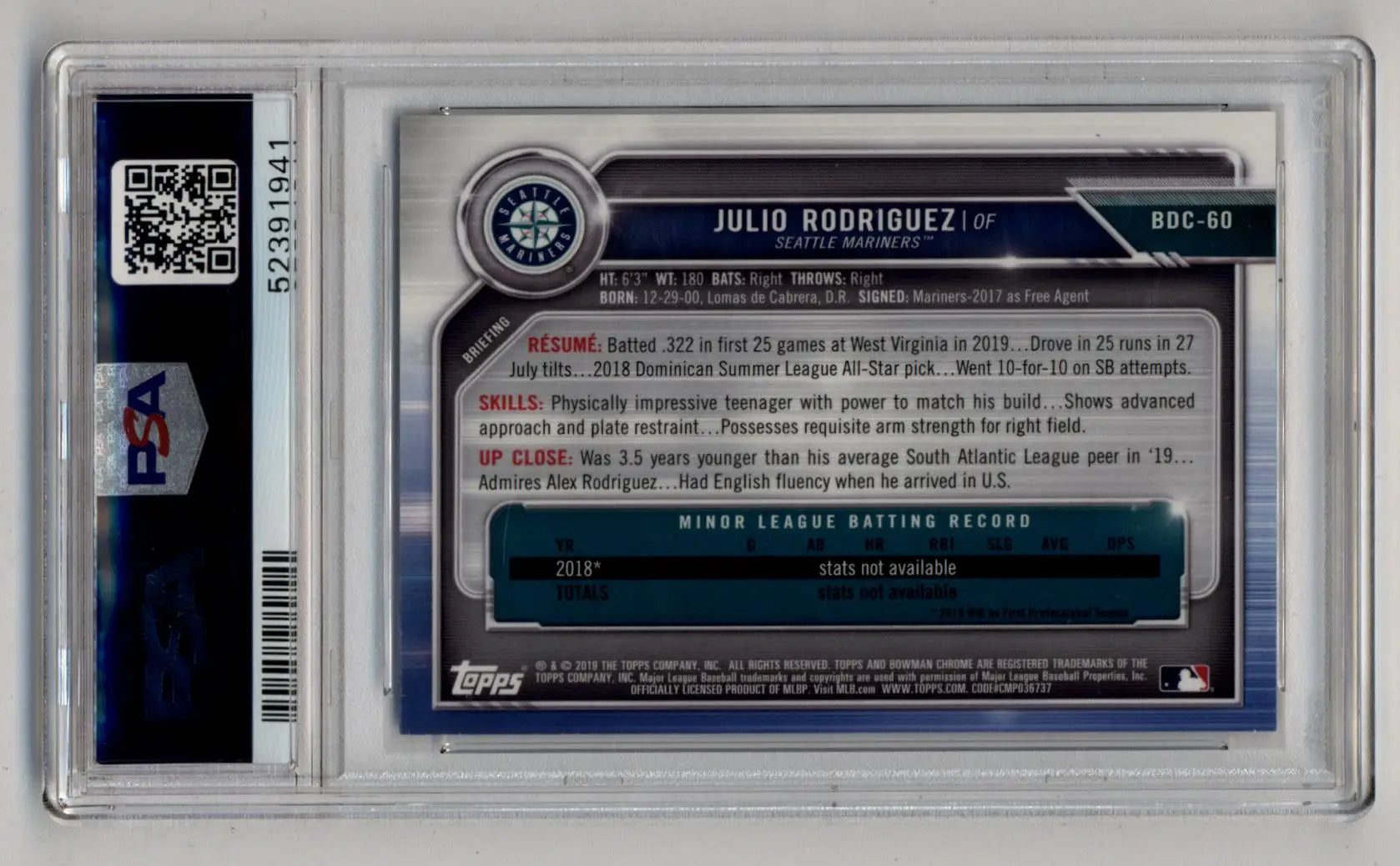 Graded Julio Rodriguez Bowman Chrome Draft Purple Refractor card 211/250 PSA 10
