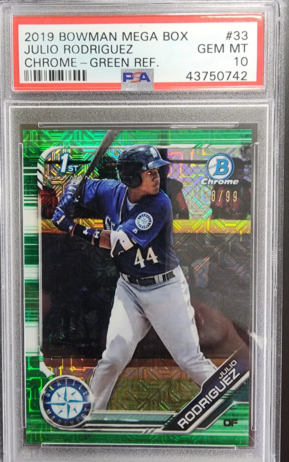 Julio Rodriguez 2019 Bowman Chrome Mega Box Green Refractor baseball card in chrome mega box
