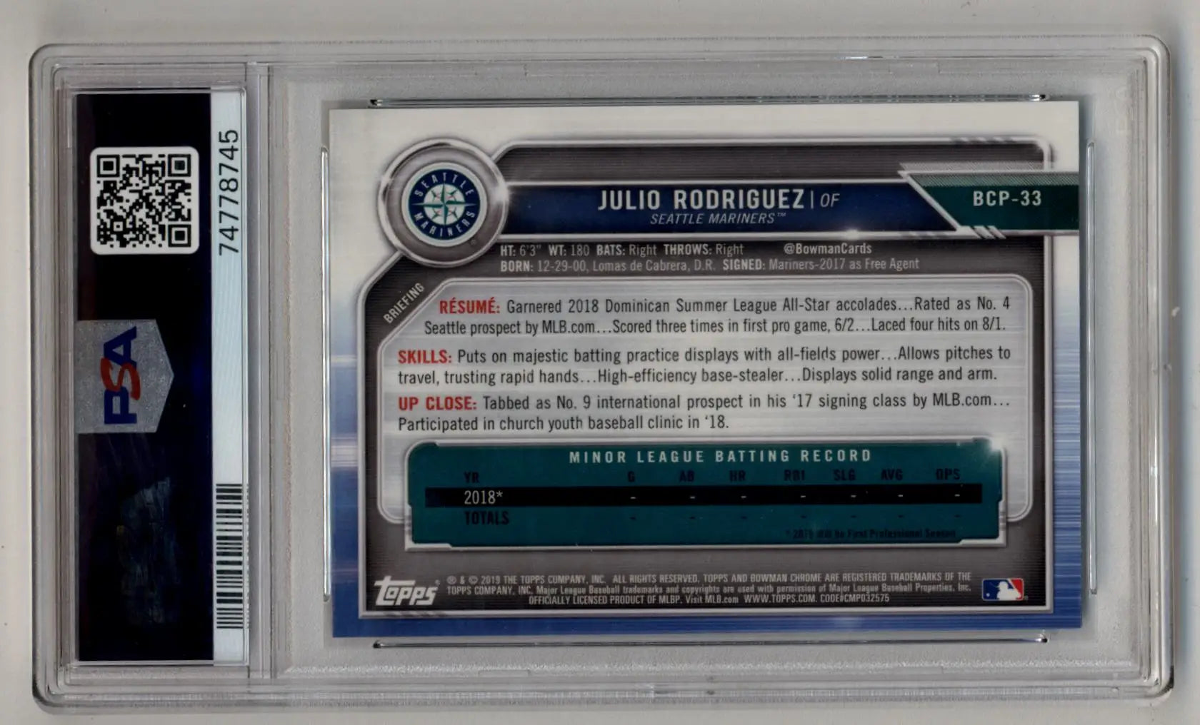 Encased Julio Rodriguez 2019 Bowman Chrome Prospects Aqua Shimmer trading card