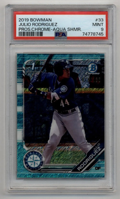 PSA-graded 2019 Bowman Chrome Prospects Julio Rodriguez baseball card with aqua shimmer edge