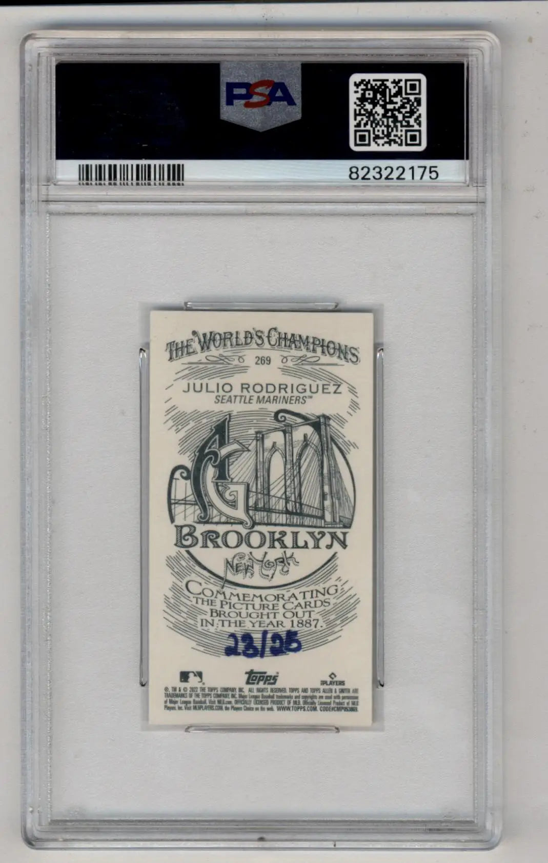 Graded Julio Rodriguez baseball card from The World’s Champions set, Ginter Mini Brooklyn, PSA 10 Gem Mint