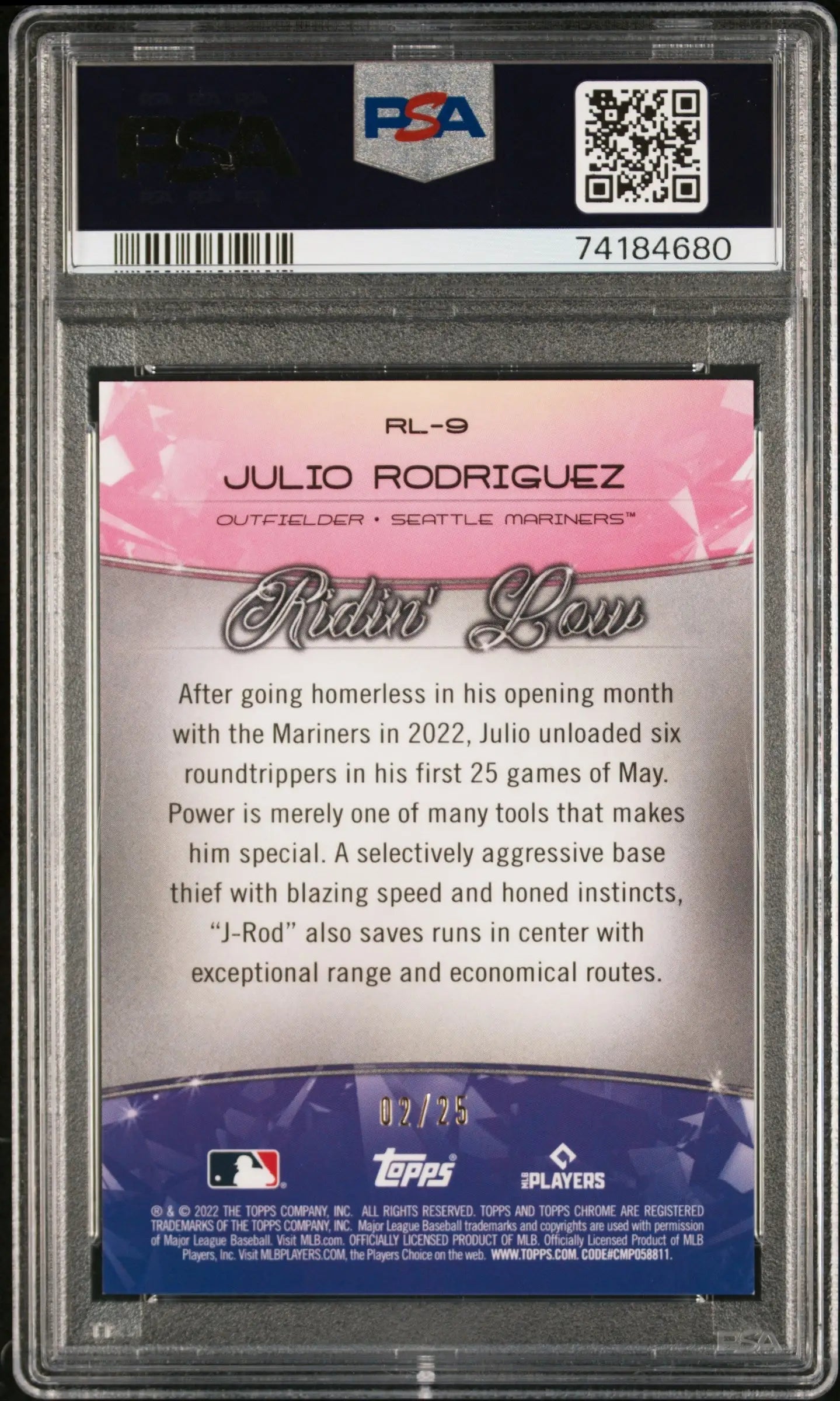 Graded Julio Rodriguez Baller Ridin Low Orange Refractor baseball card 07/25 PSA 9