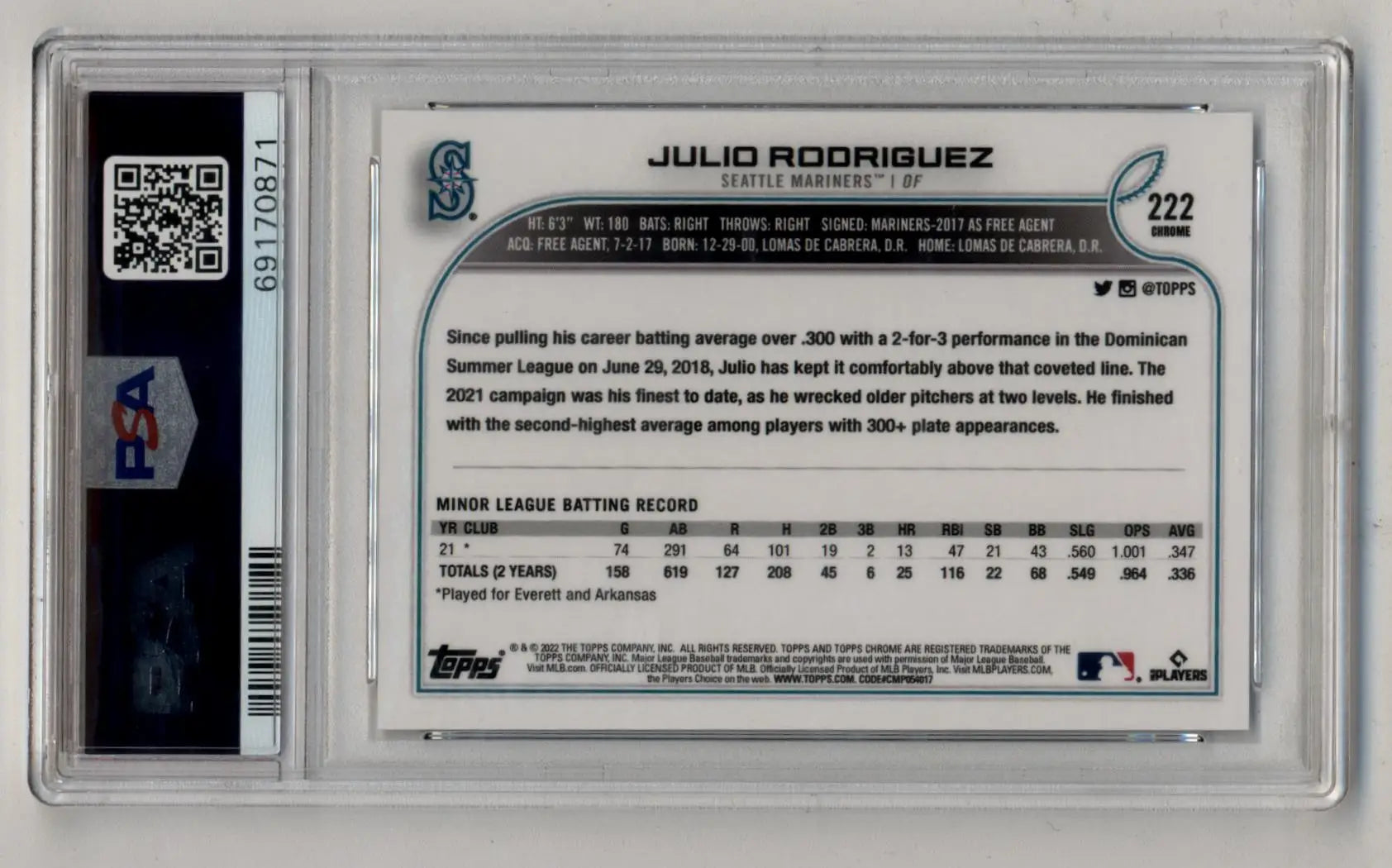 Graded Julio Rodriguez 2022 Topps Chrome Refractor baseball card PSA 10 Gem Mint