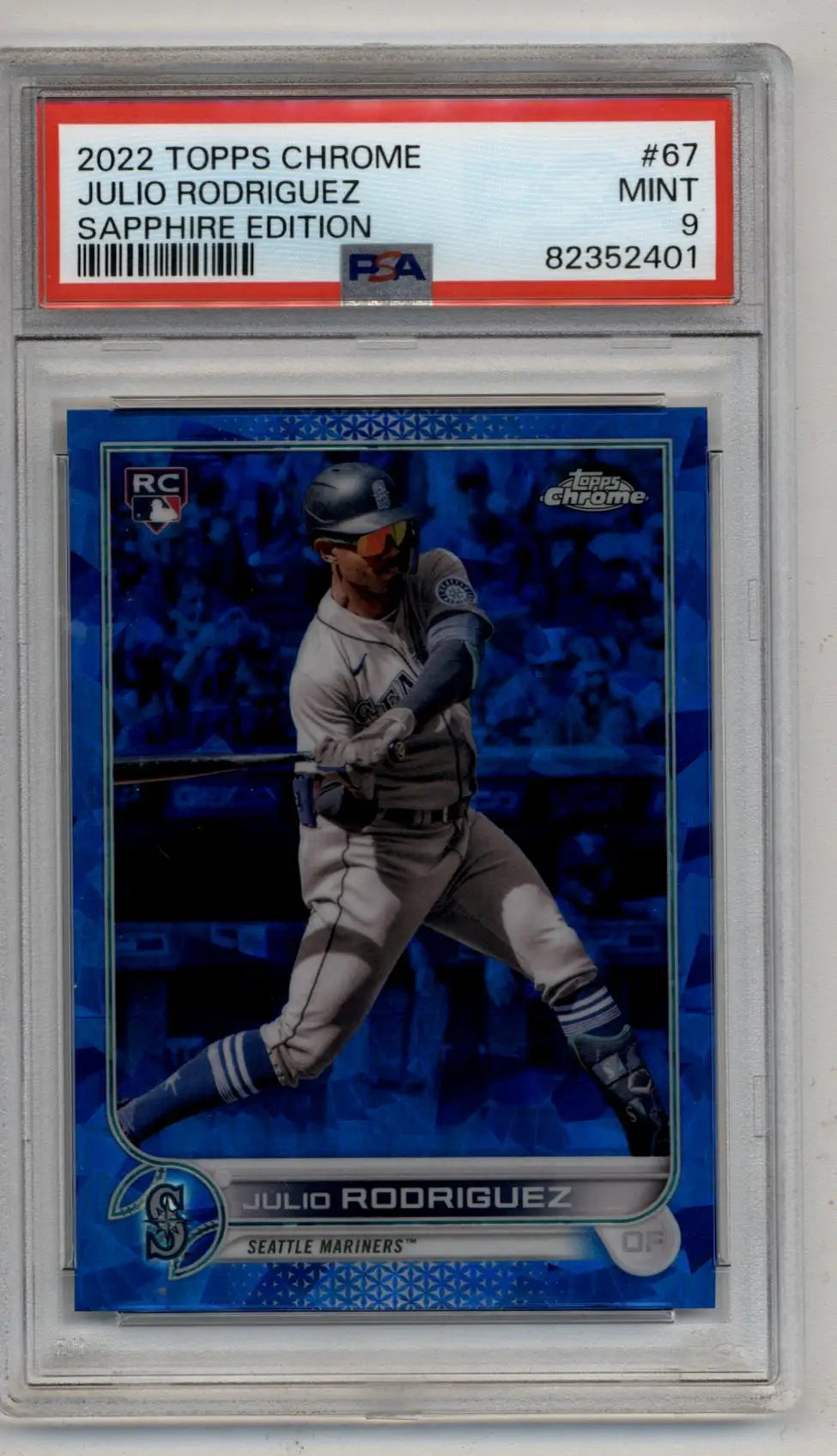 Graded Julio Rodriguez Topps Chrome Sapphire baseball card in PSA 9 Mint condition