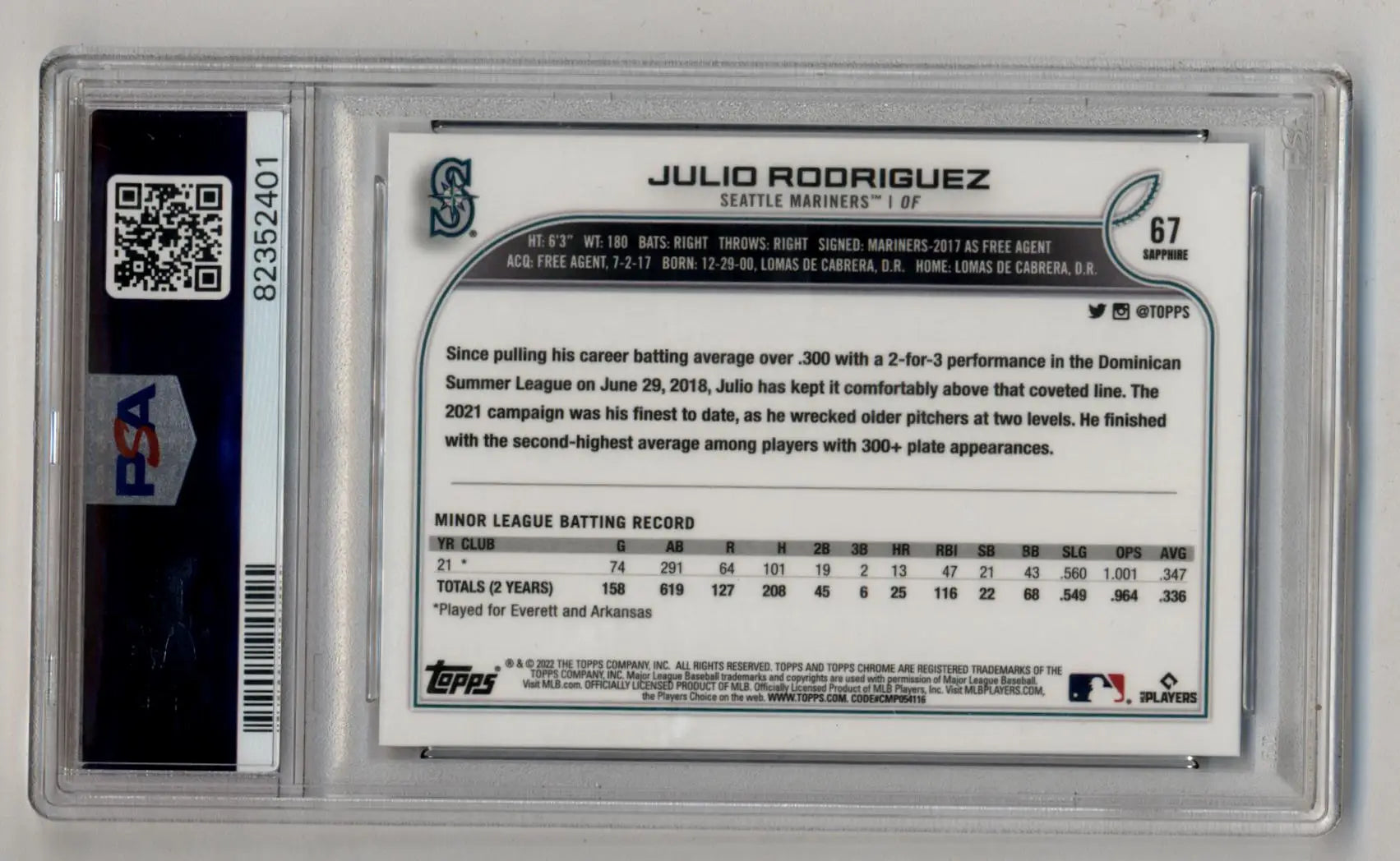 Julio Rodriguez 2022 Topps Chrome Sapphire baseball card in PSA slab, graded Mint