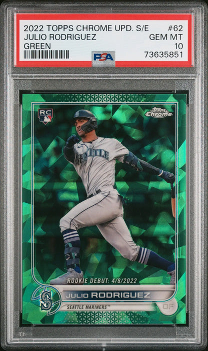 Graded green parallel Julio Rodriguez Topps Chrome Sapphire rookie card #62/75 PSA 10