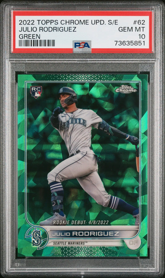 Graded green parallel Julio Rodriguez Topps Chrome Sapphire rookie card #62/75 PSA 10