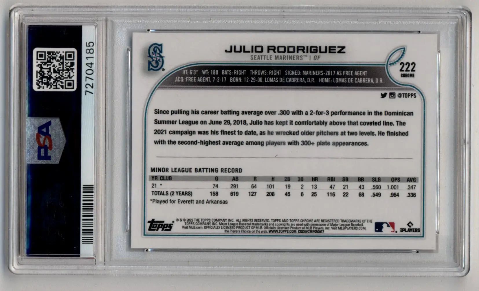 Graded Julio Rodriguez 2022 Topps Chrome SP card PSA 10 Gem Mint