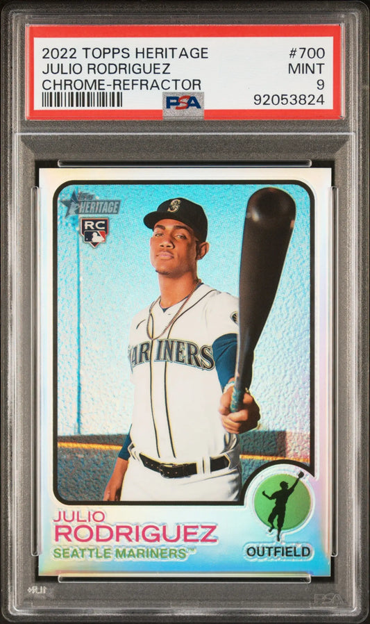 PSA-graded Julio Rodriguez 2022 Topps Heritage Chrome Refractor card #624/673