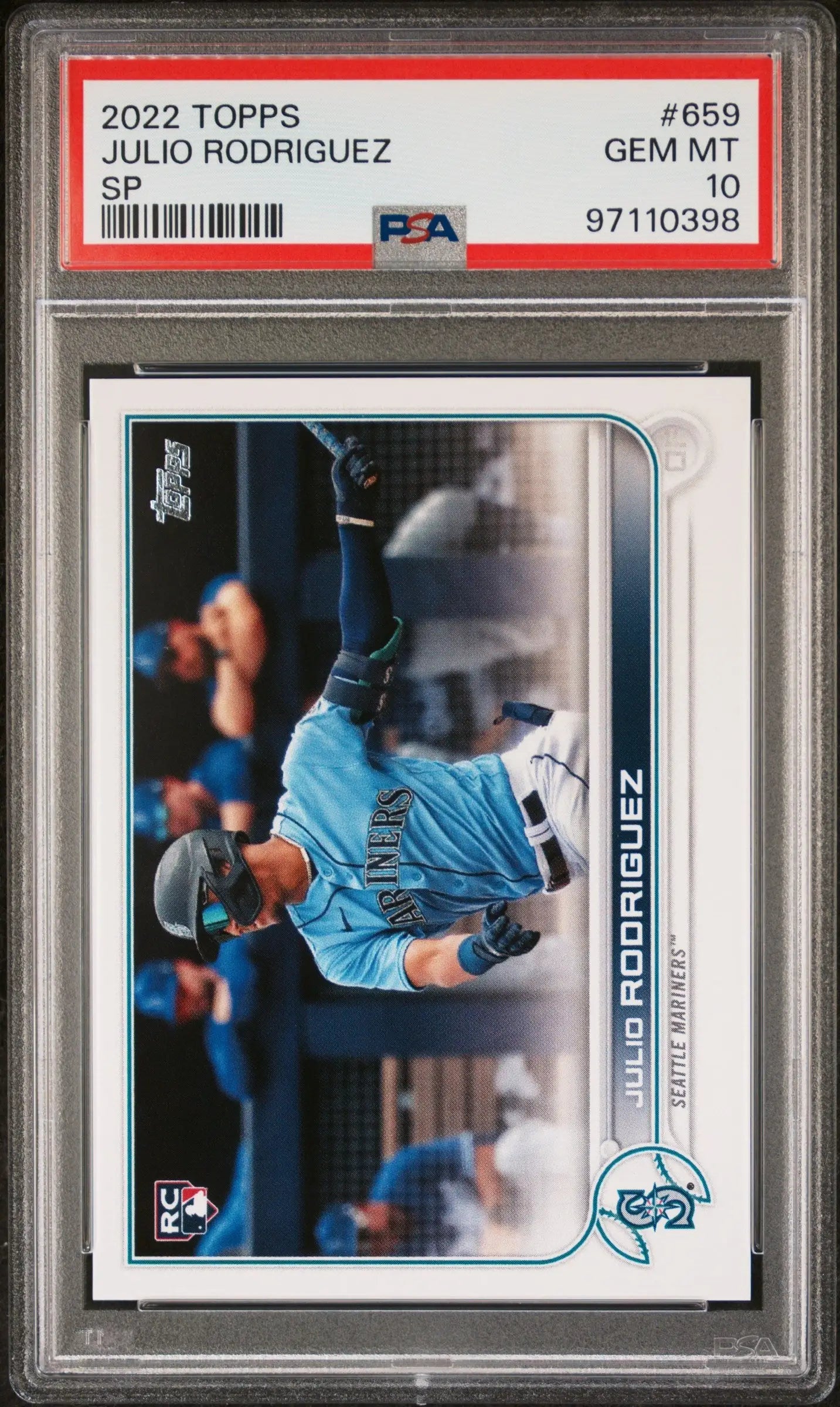 PSA-graded Julio Rodriguez 2022 Topps SP #659 Gem Mint trading card in light blue uniform