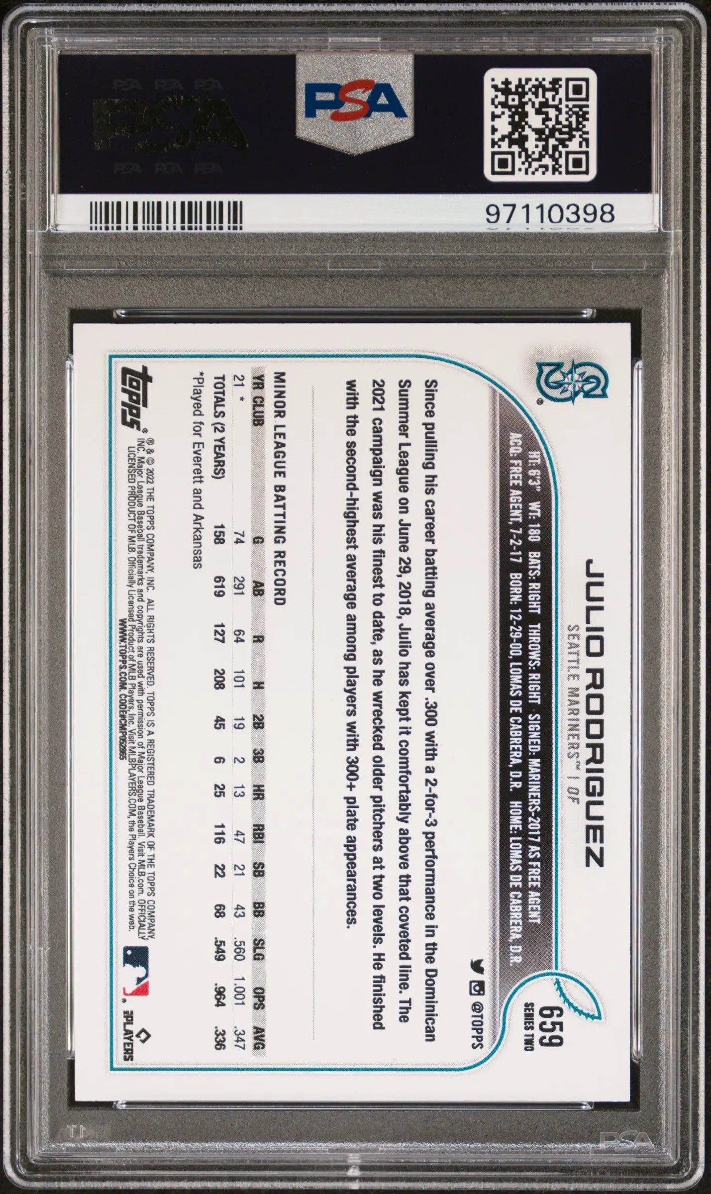 PSA-graded Julio Rodriguez 2022 Topps SP #659 Gem Mint trading card back in holder
