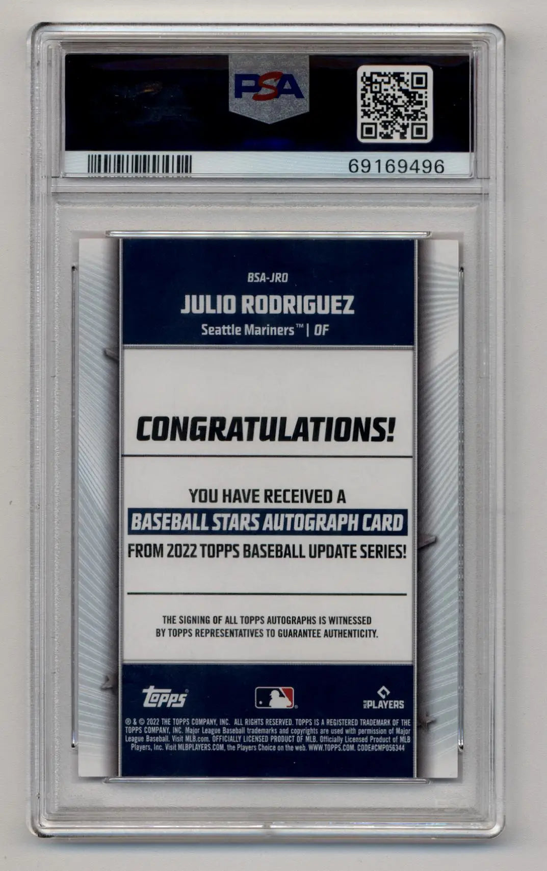Graded Julio Rodriguez baseball autograph card from Topps Update Baseball Stars Red Auto