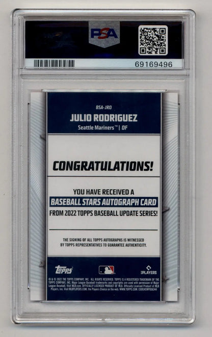 Graded Julio Rodriguez baseball autograph card from Topps Update Baseball Stars Red Auto
